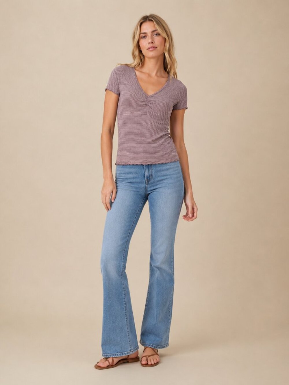 American Eagle Outfitters Soft and Sexy Striped Ruched V-Neck Tee Mauve #A3199